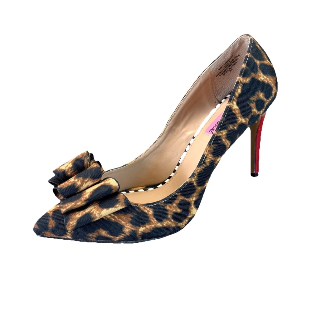 Betsey Johnson Leopard Print Bow Stiletto Pointed Toe D'Orsay Red Heel 9 Pumps